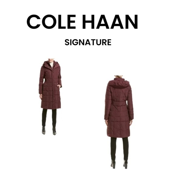 Cole Haan Long Quilted Hooded Puffer Coat - Burgundy - Picture 6 of 6